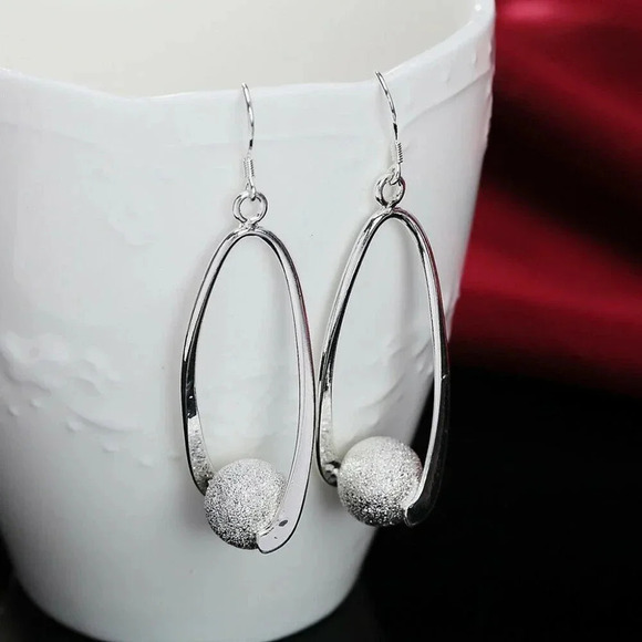 925 Sterling Silver Oval Hoop Drop Statement Earrings Round Ball Dangle Earrings - Picture 2 of 4